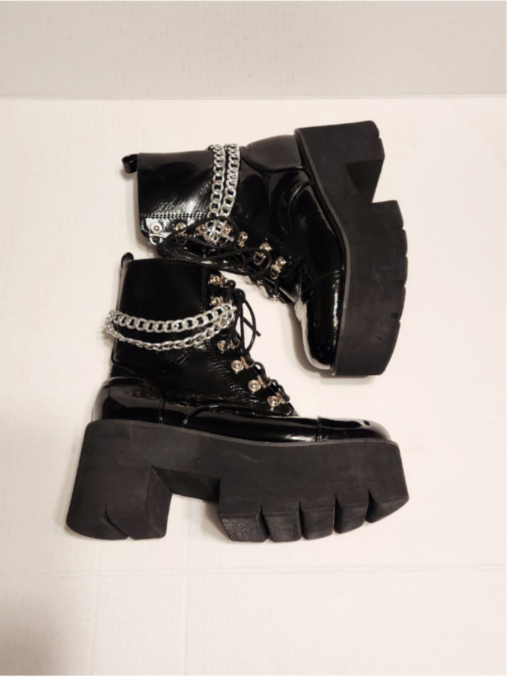 Black High Platform Silver Chain Accent Chunky Gothic Punk Ankle Boots 39/8 - Picture 2 of 12